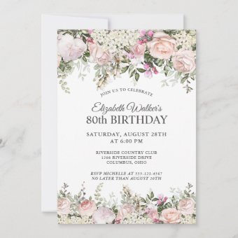 Feminine Pink Roses Floral 80th Birthday Party Invitation | Zazzle