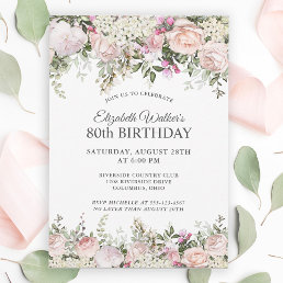 Feminine Pink Roses Floral 80th Birthday Party Invitation