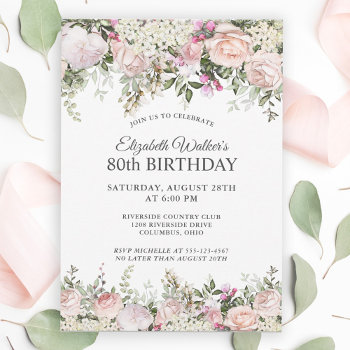 Feminine Pink Roses Floral 80th Birthday Party Invitation by Oasis_Landing at Zazzle