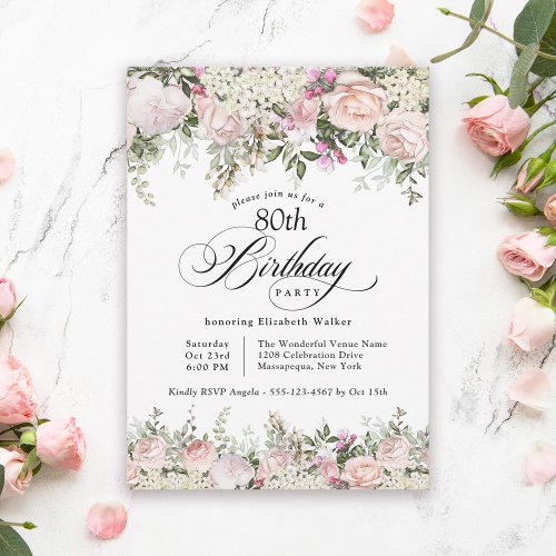 Feminine Pink Roses Floral 80th Birthday Party