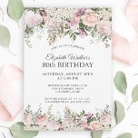Feminine Pink Roses Floral 80th Birthday Party Invitation at Zazzle