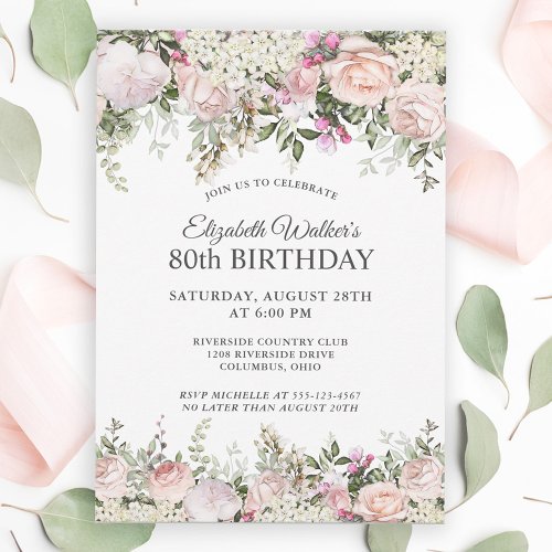 Feminine Pink Roses Floral 80th Birthday Party Invitation