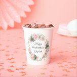 Feminine Pink Roses Floral 80th Birthday with Name Paper Cups<br><div class="desc">Toast the birthday lady celebrating an important milestone birthday with this custom paper cup design. It features a beautiful wreath of watercolor pastel pink roses and mixed flowers and greenery surrounding your text. Personalize the text template with the guest of honor's name or any other desired text. You can substitute...</div>
