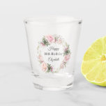 Feminine Pink Roses Floral 80th Birthday with Name Shot Glass<br><div class="desc">Toast the birthday lady celebrating an important milestone birthday with this custom shot glass design. It features a beautiful wreath of watercolor pastel pink roses and mixed flowers and greenery surrounding your text. Personalize the text template with the guest of honor's name or any other desired text. You can substitute...</div>