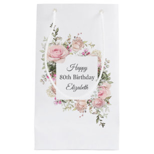 Feminine Pink Roses Floral 80th Birthday with Name Small Gift Bag