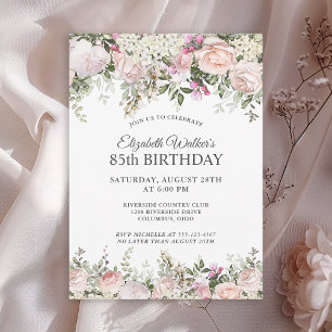 Feminine Pink Roses Floral 85th Birthday Party Invitation