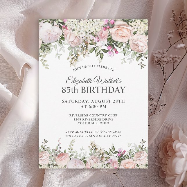 Feminine Pink Roses Floral 85th Birthday Party Invitation (Available in both printed and instant download digital formats.)