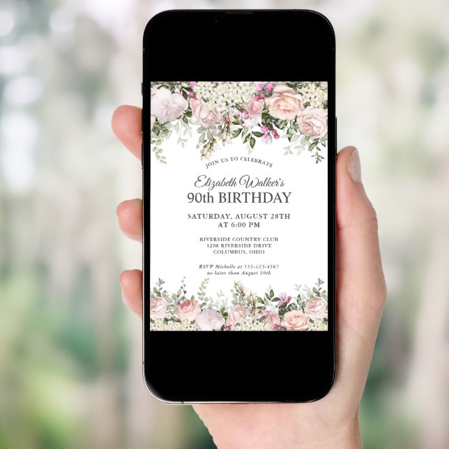 Feminine Pink Roses Floral 90th Birthday Party Invitation (Front Digital)