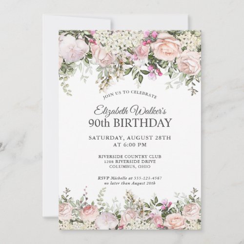 Feminine Pink Roses Floral 90th Birthday Party Invitation