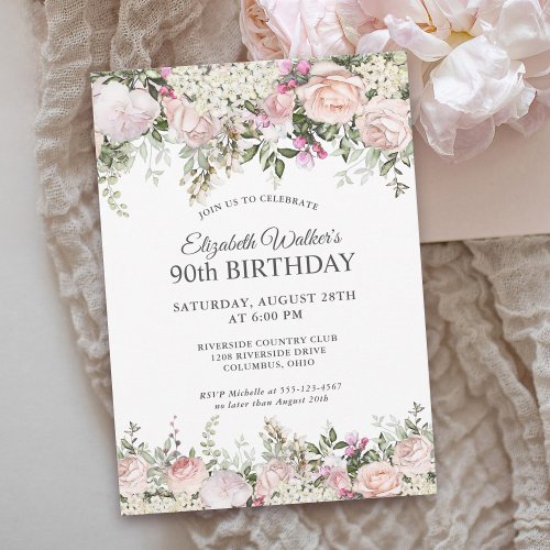 Feminine Pink Roses Floral 90th Birthday Party