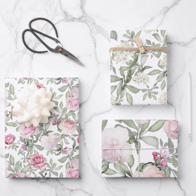 Feminine Pink Roses Watercolor Floral Wrapping Paper Sheets | Zazzle