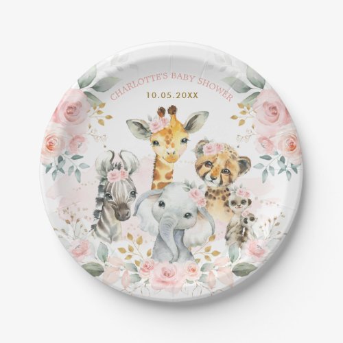 Feminine Pink Safari Jungle Wild Animals Baby Girl Paper Plates