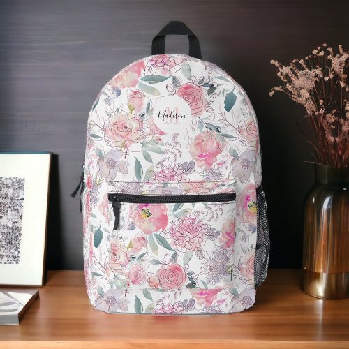 Feminine Pink Sketched Floral with Monogram Printed Backpack