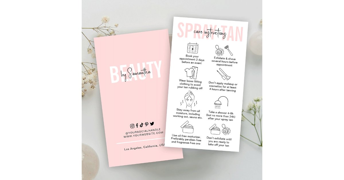 Feminine Pink Spray Tan Aftercare Instructions Business Card | Zazzle