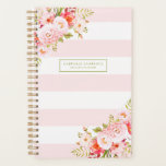 Feminine Pink Stripes and Peonies Custom Planner<br><div class="desc">Feminine and elegant planner illustrations of pink peonies,  flowers and foliage. This pink botanical planner will be perfect as a personalized gift.</div>