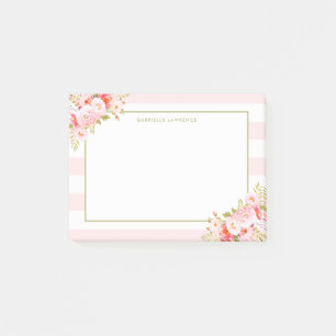 Feminine Pink Stripes and Peonies II Personalized Post-it Notes