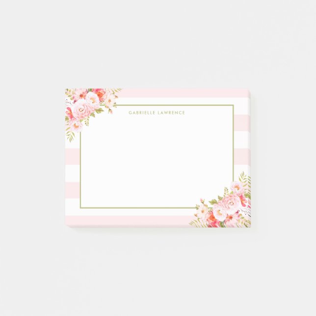 Feminine Pink Stripes and Peonies II Personalized Post-it Notes (Front)
