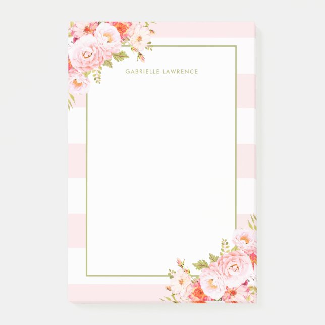 Feminine Pink Stripes and Peonies Personalized Post-it Notes (Front)