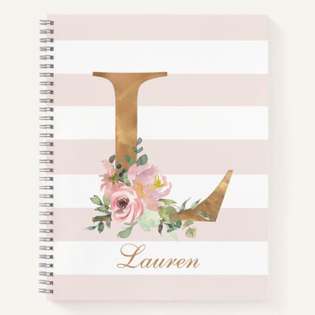 Feminine Pink Stripes Floral Gold Personalized Notebook (Front)
