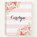 Feminine Pink Stripes Floral Personalized Notebook at Zazzle