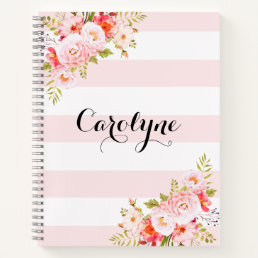 Feminine Pink Stripes Floral Personalized Notebook