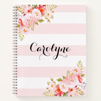 Feminine Pink Stripes Floral Personalized Notebook by KeikoPrints at Zazzle