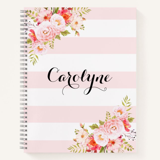 Feminine Pink Stripes Floral Personalized Notebook (Front)