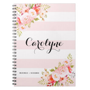 Feminine Pink Stripes Floral Personalized Notebook