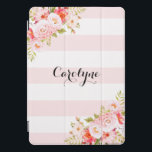 Feminine Pink Stripes Peonies Custom iPad Cover<br><div class="desc">Feminine and elegant iPad pro cover featuring illustrations of pink peonies,  flowers and foliage. This pink botanical iPad pro cover will be perfect as a personalized gift.</div>