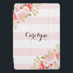 Feminine Pink Stripes Peonies Custom iPad Cover<br><div class="desc">Feminine and elegant iPad pro cover featuring illustrations of pink peonies,  flowers and foliage. This pink botanical iPad pro cover will be perfect as a personalized gift.</div>