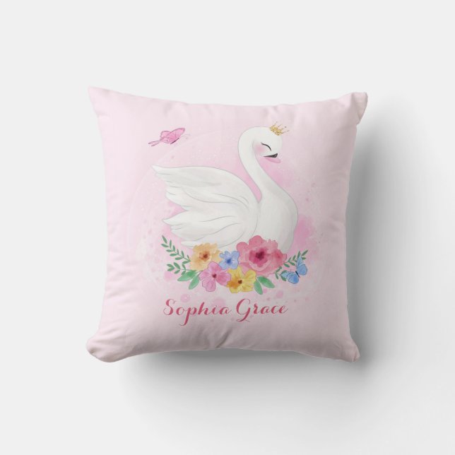 Feminine Pink Swan Princess Nursery Decoration Throw Pillow (Front)