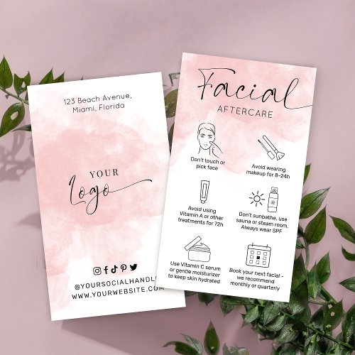 Feminine Pink Watercolor Facial After Care Business Card