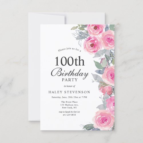Feminine Pink Watercolor Floral 100th Birthday Invitation