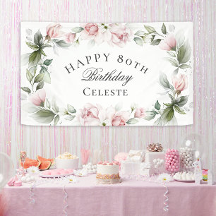 Feminine Pink Watercolor Floral 80th Birthday Banner