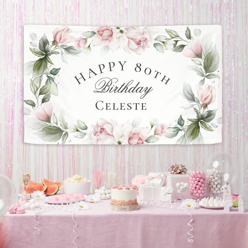 Feminine Pink Watercolor Floral 80th Birthday Banner