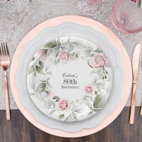 Feminine Pink Watercolor Floral 80th Birthday Paper Plates