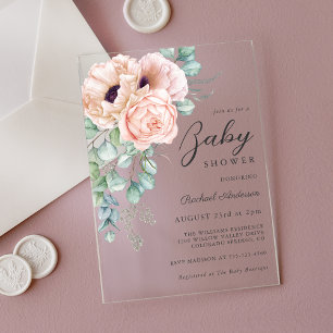 Feminine Pink Watercolor Floral Baby Shower Acrylic Invitations