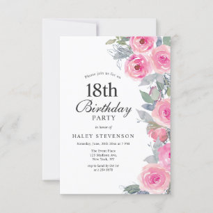 Feminine Pink Watercolor Floral Chic 18th Birthday Invitation
