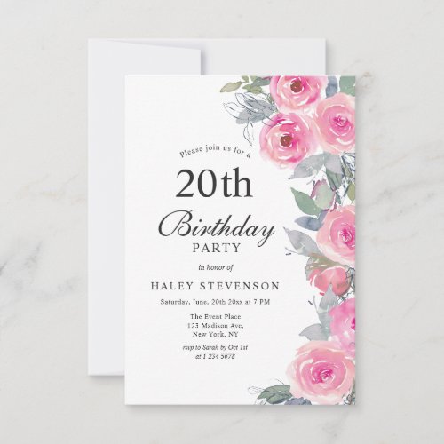 Feminine Pink Watercolor Floral Chic 20th Birthday