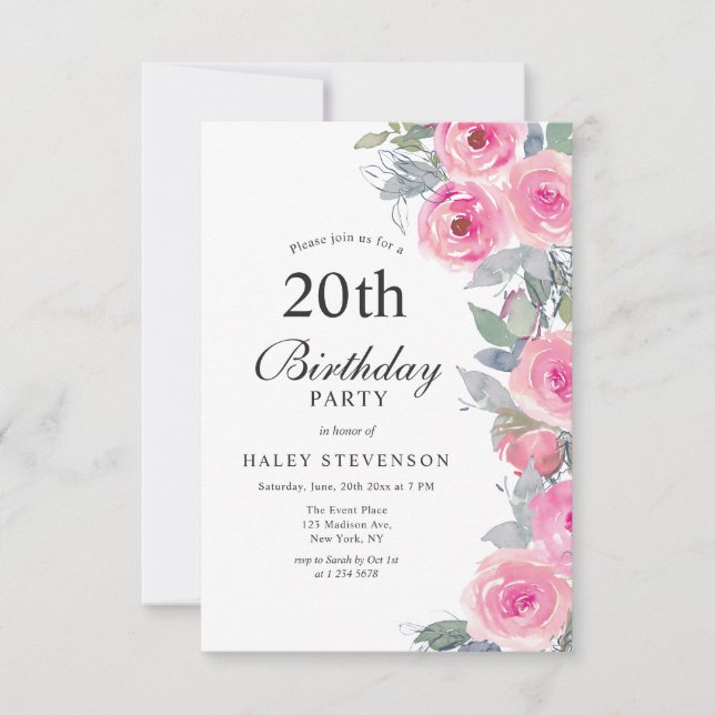 Feminine Pink Watercolor Floral Chic 20th Birthday Invitation (Front)