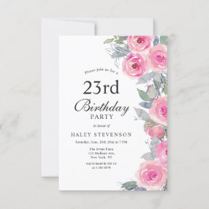 Feminine Pink Watercolor Floral Chic 23rd Birthday Invitation