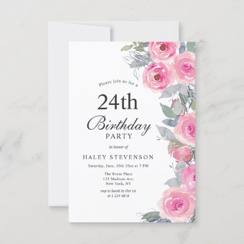 Feminine Pink Watercolor Floral Chic 24th Birthday Invitation