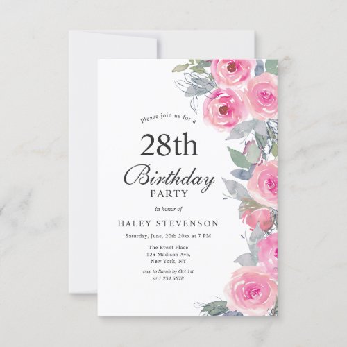 Feminine Pink Watercolor Floral Chic 28th Birthday Invitation