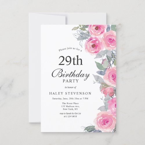 Feminine Pink Watercolor Floral Chic 29th Birthday Invitation