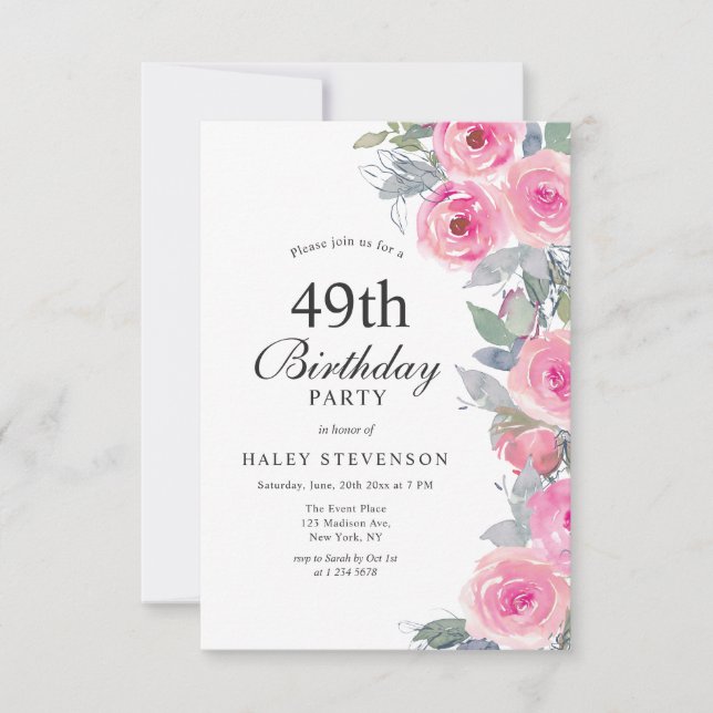 Feminine Pink Watercolor Floral Chic 49th Birthday Invitation (Front)