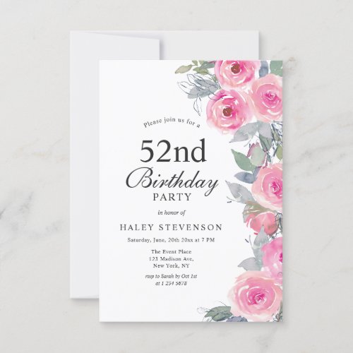 Feminine Pink Watercolor Floral Chic 52nd Birthday Invitation