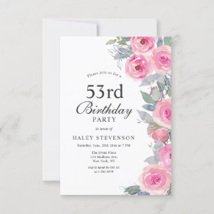 Feminine Pink Watercolor Floral Chic 53rd Birthday Invitation
