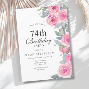 Feminine Pink Watercolor Floral Chic 74th Birthday Invitation