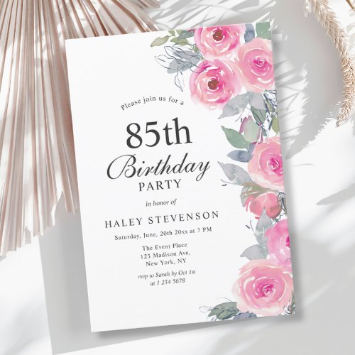 Feminine Pink Watercolor Floral Chic 85th Birthday Invitation