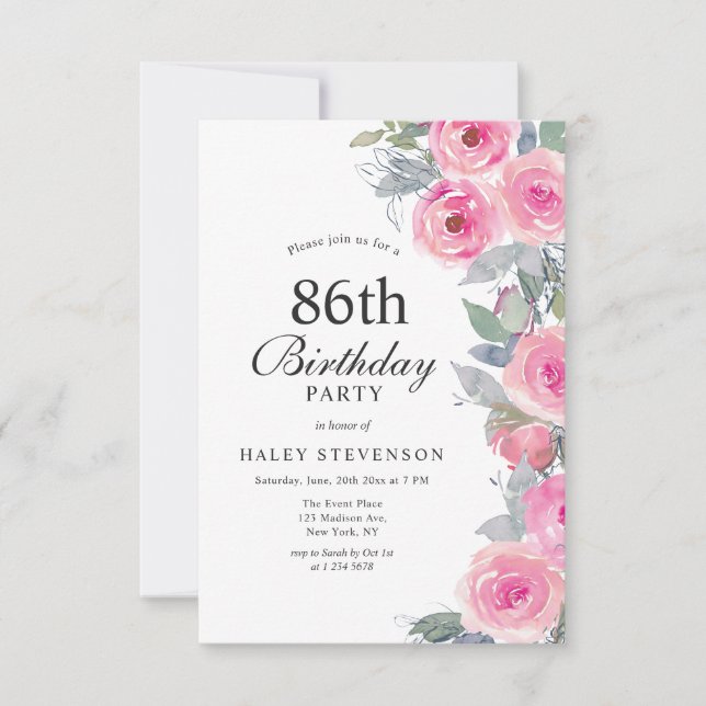Feminine Pink Watercolor Floral Chic 86th Birthday Invitation (Front)